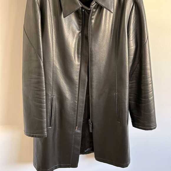 Emporio Armani Black Faux Leather Coat Zipper Front Size 52 Italian - Picture 3 of 14